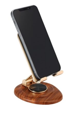 360 Degree Rotation Wooden Golden Premium Metal Mobile Holder for Desktop and Tables Adjustable Height and Angle Compatible with All Smartphones and Tablets 4-10″‘ Anti Slip Bracket Mobile Stand
